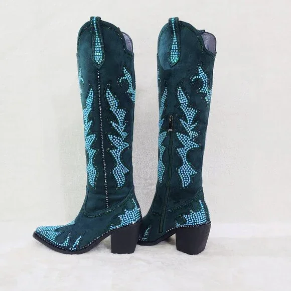 Sparks Country Western Cowgirl Knee Boots Dazzleing Iridescent Rhinestones Green